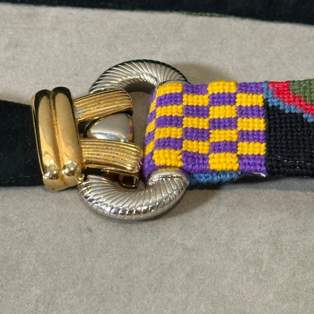 Vintage Needlepoint‎ Belt Mixed Metal Buckle Multi Color Geometric Suede Backed
